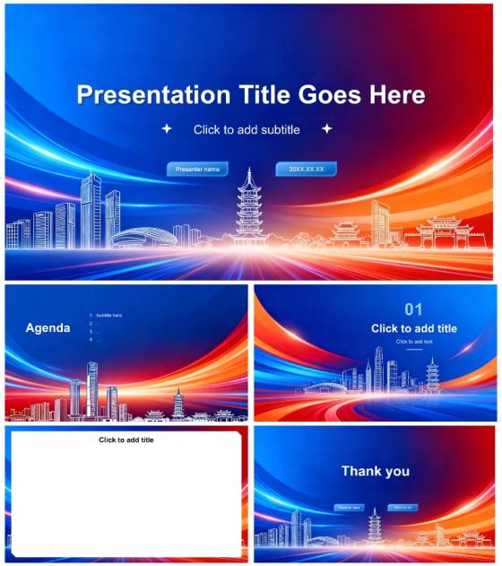 红蓝渐变配色酷炫风年终工作汇报PPT主题模板