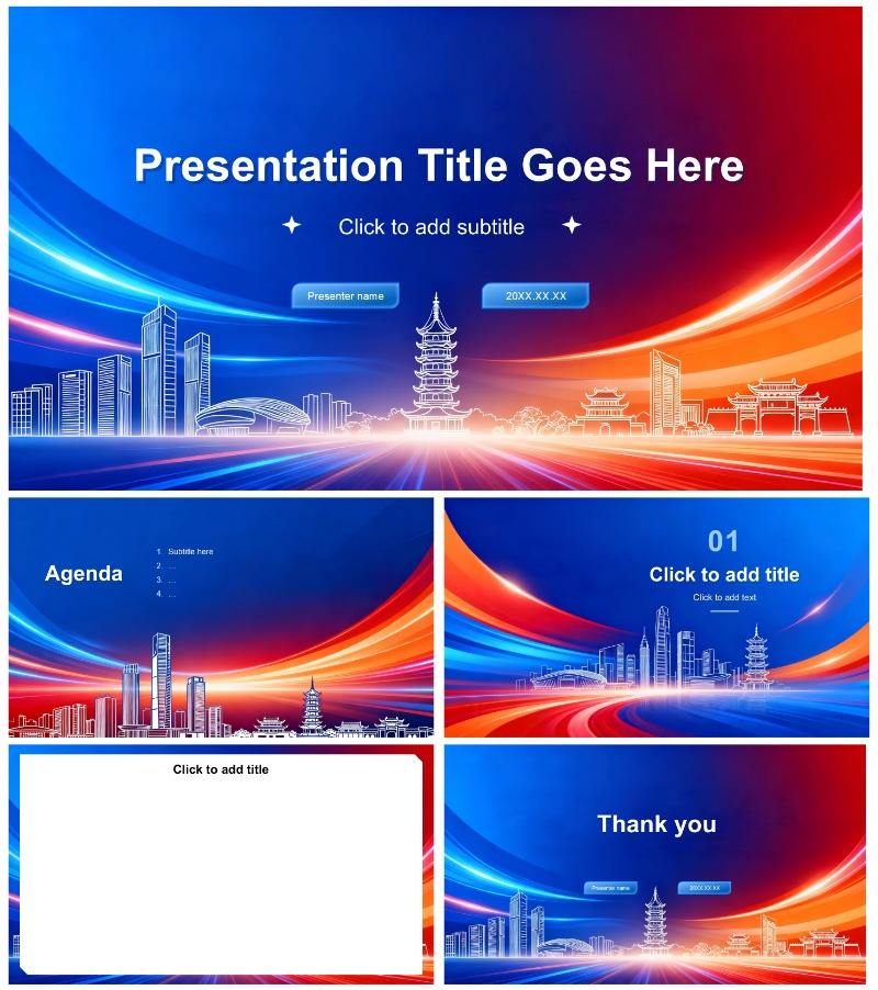 红蓝渐变配色酷炫风年终工作汇报PPT主题模板