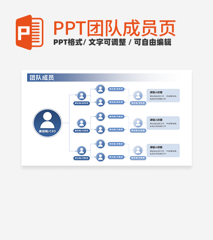 团队成员-蓝色渐变极简团队成员架构图PPT单页