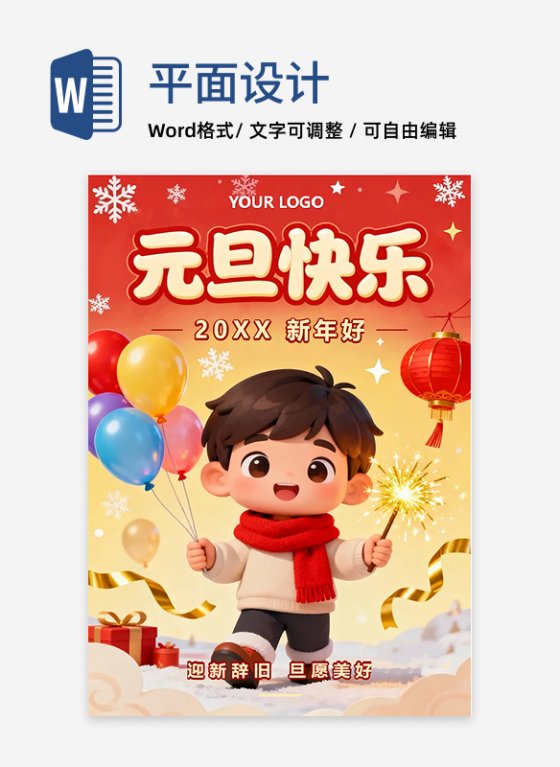 橙红色喜庆手绘插画风元旦节祝福海报