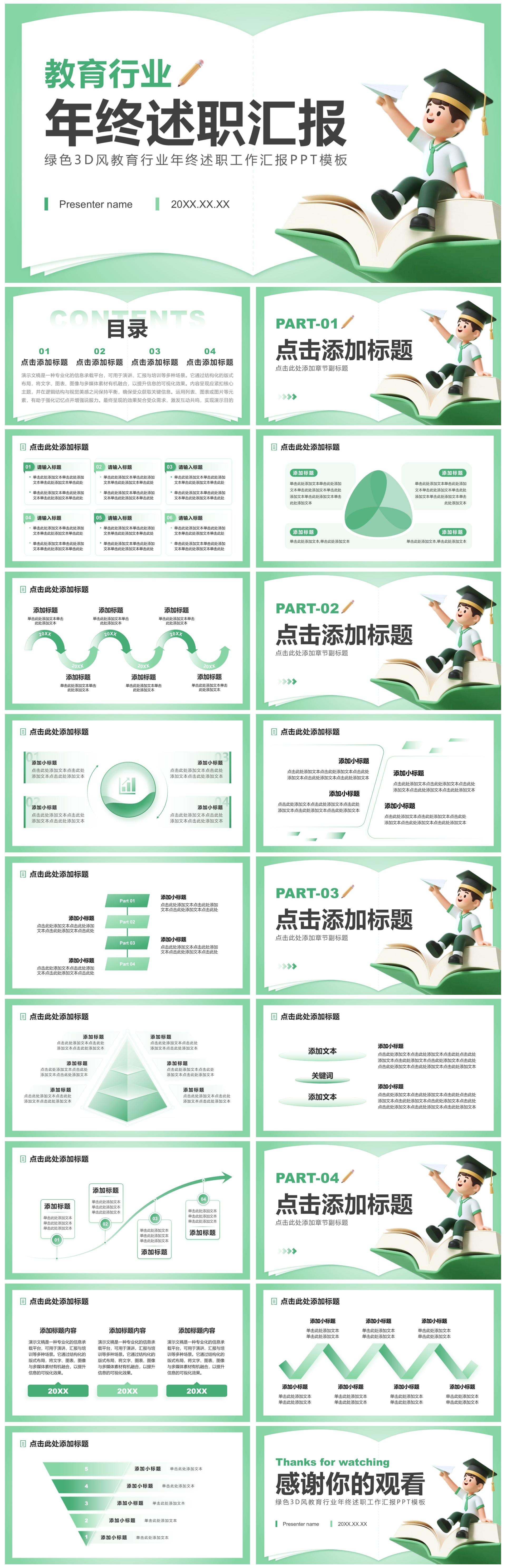 绿色3D风教育行业年终述职工作汇报PPT模板