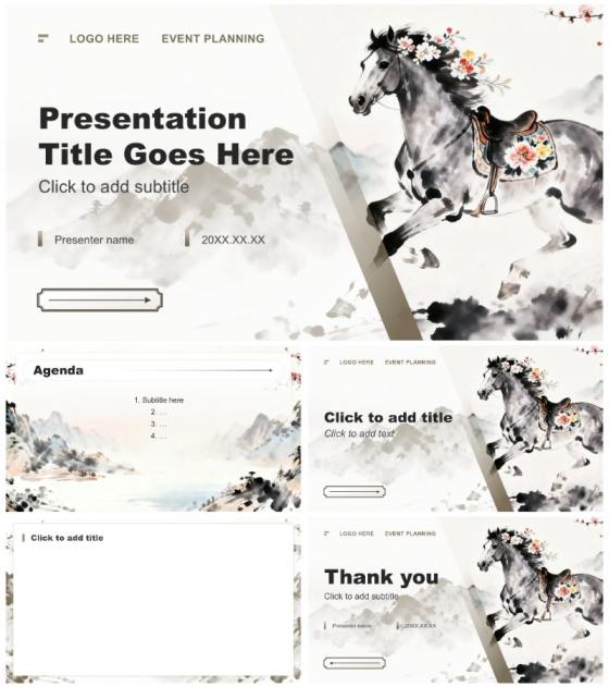 灰绿色中国风马年春节活动策划PPT主题模板