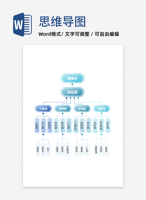 组织架构-蓝色简约竖版圆角向下word模板