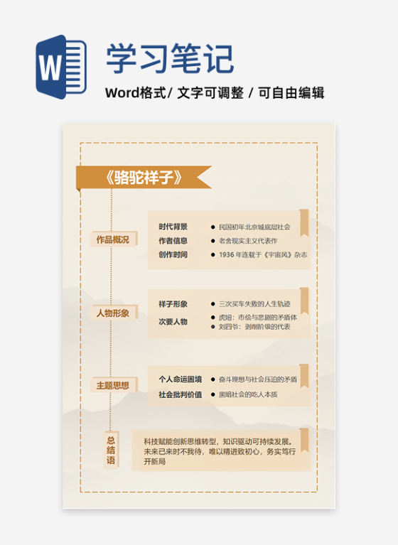 学习笔记-《骆驼祥子》卡其色简约word模板