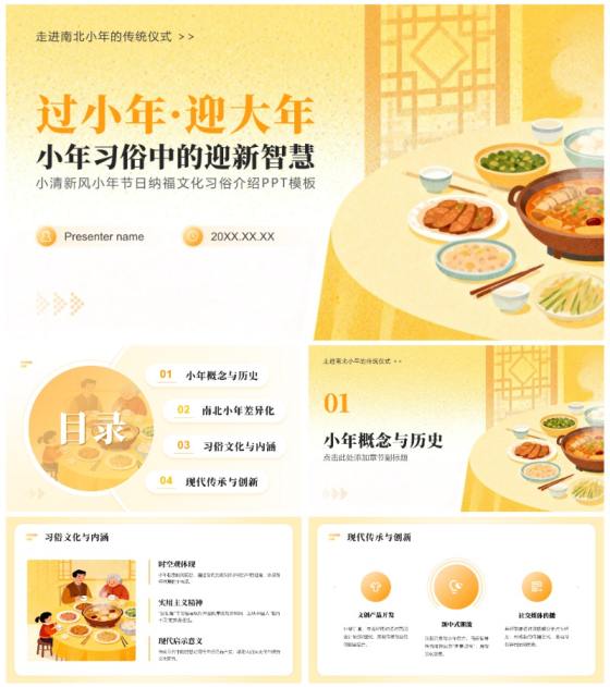 黄色小清新风小年节日纳福文化习俗介绍PPT模板