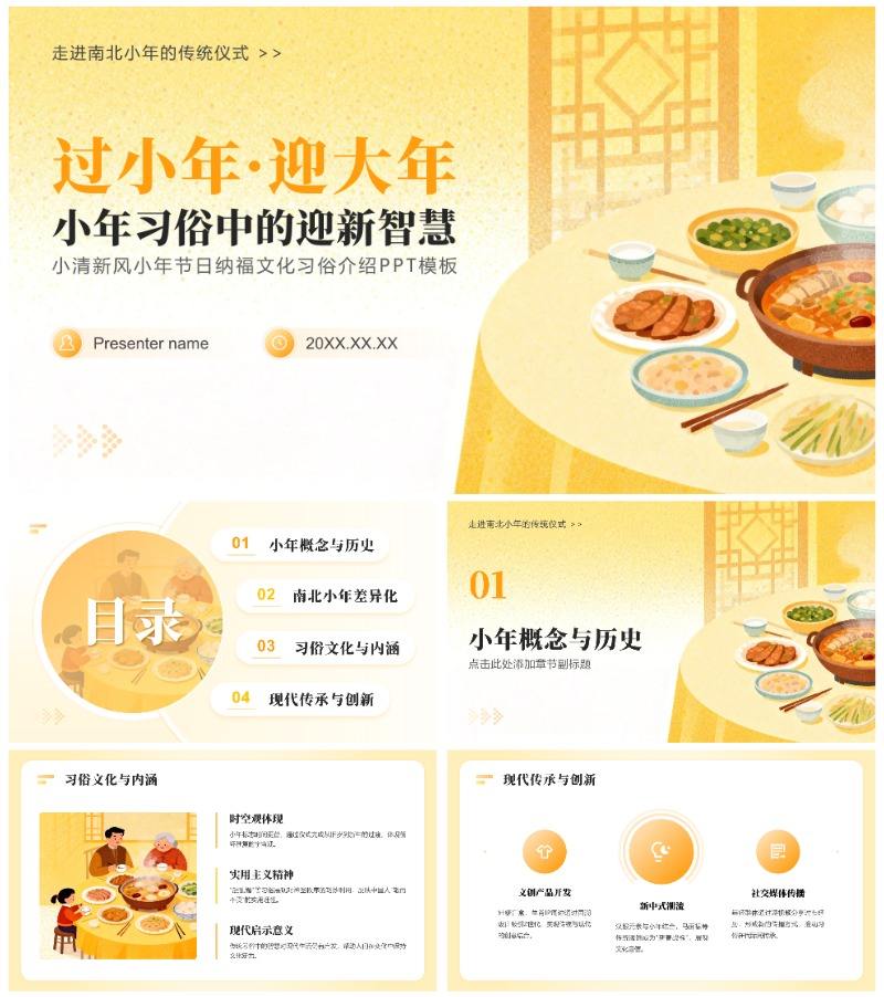 黄色小清新风小年节日纳福文化习俗介绍PPT模板