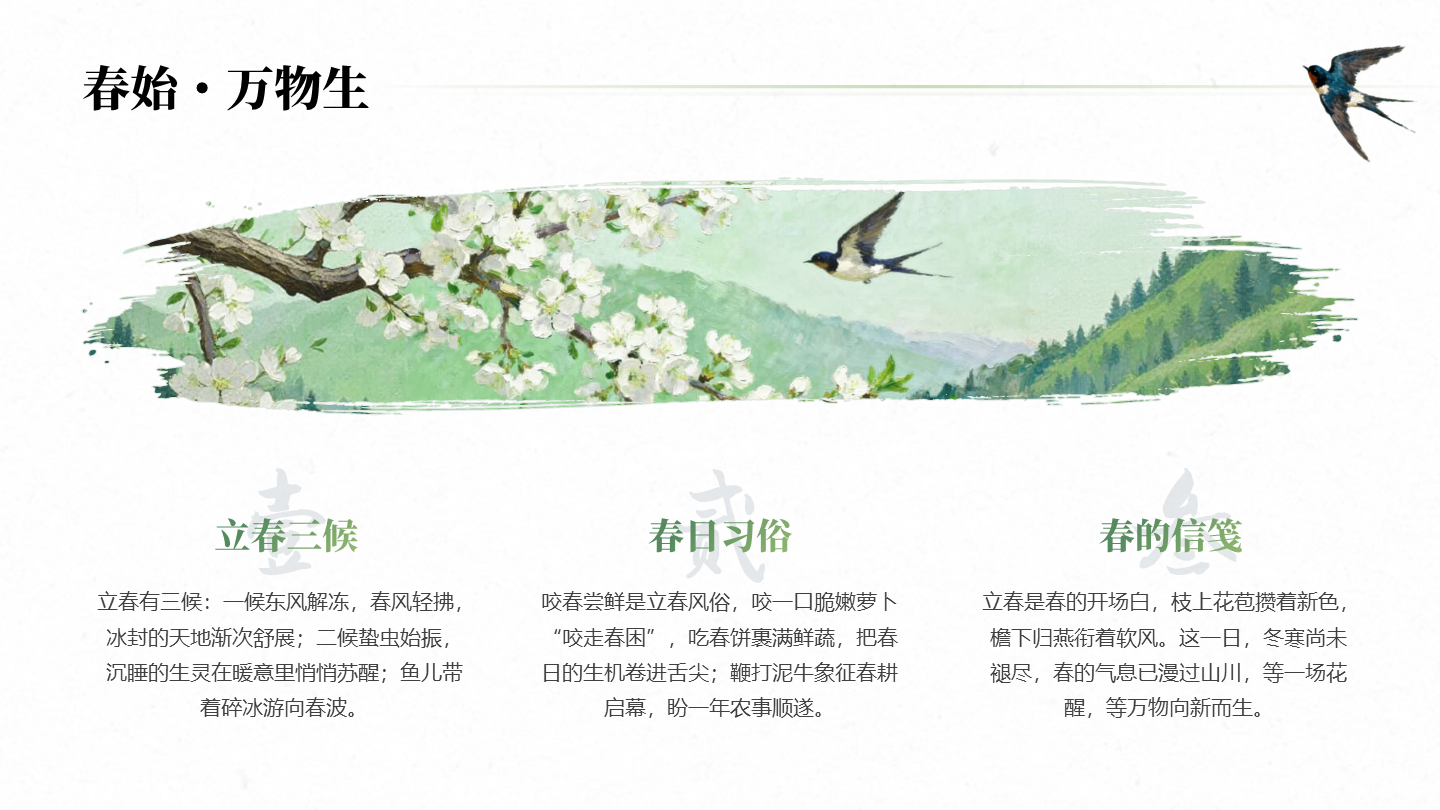 绿色清新古风笔刷立春节气传统文化PPT单页