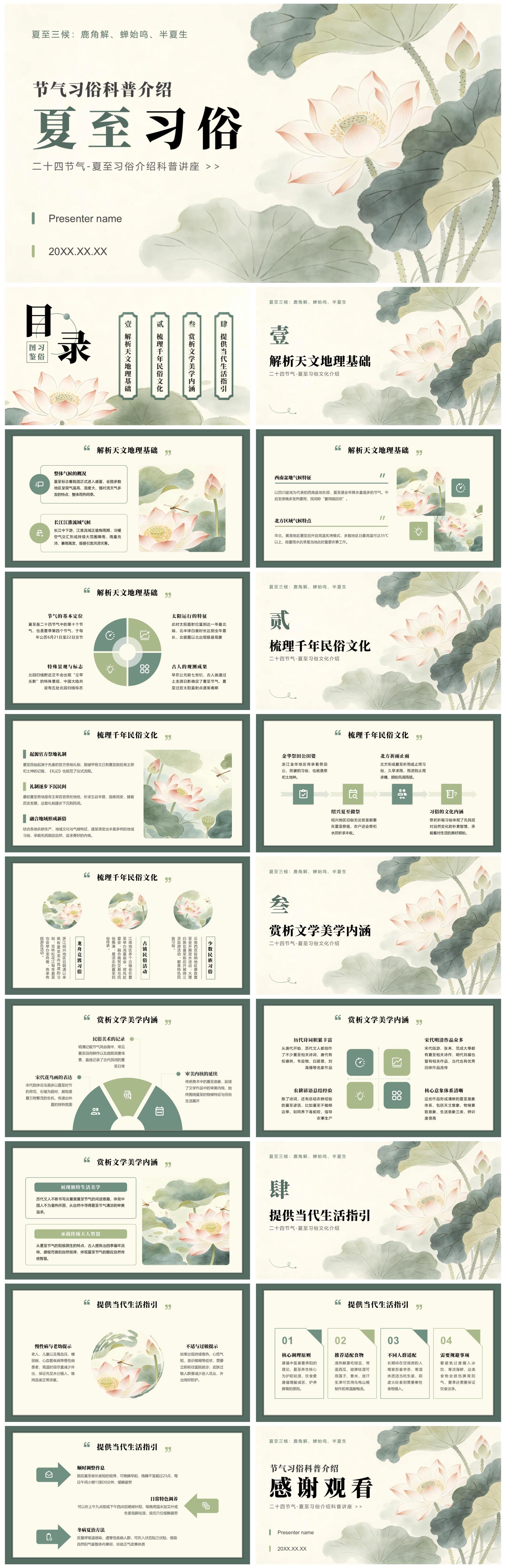 绿色中国风二十四节气夏至习俗科普讲座PPT模板