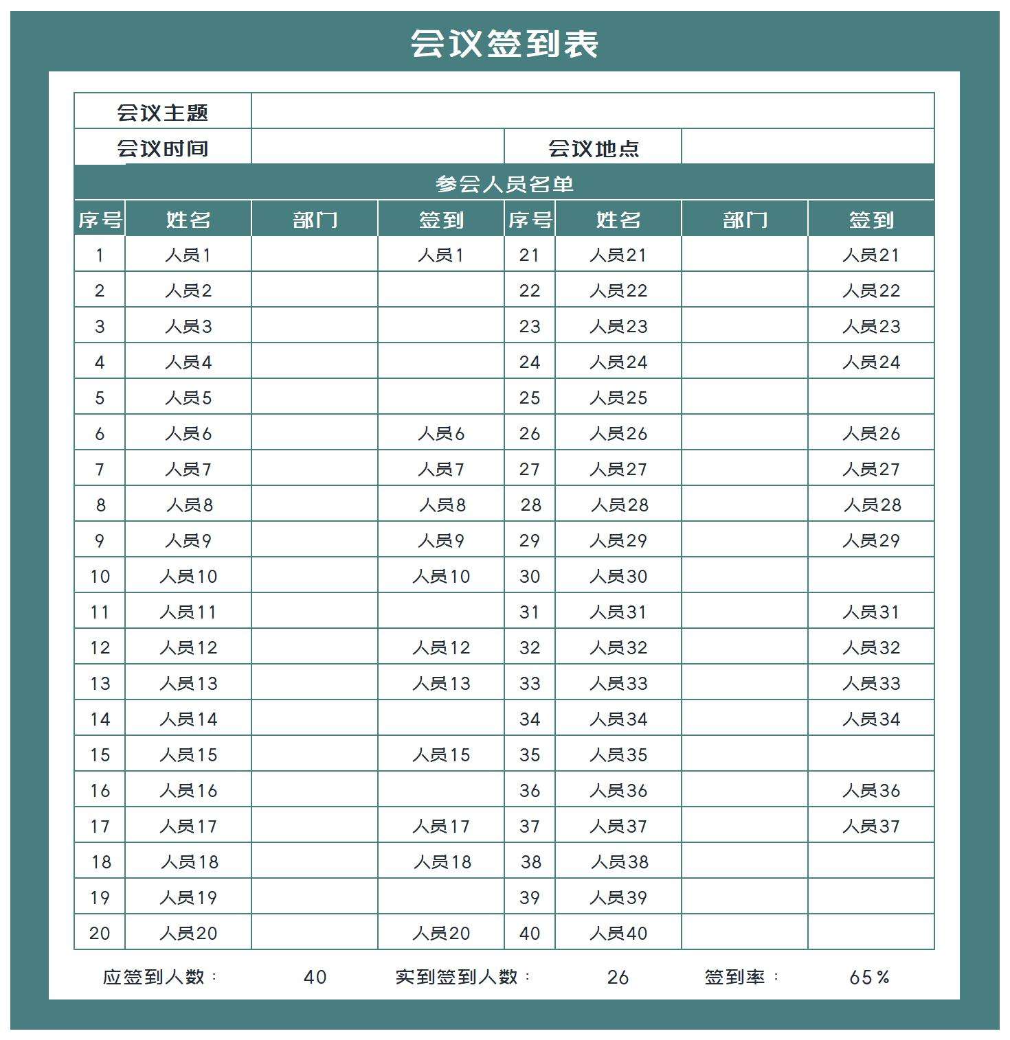 会议参会人员签到表Excel模板