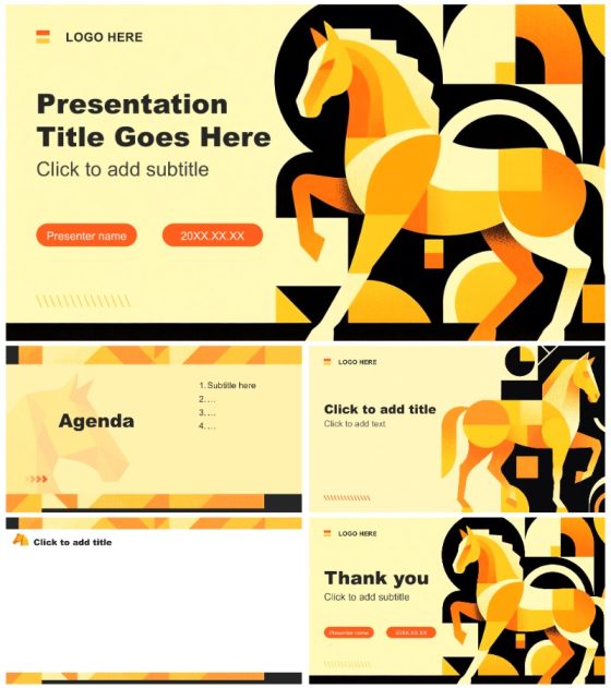 橙黄色插画风马年春节贺岁联欢活动PPT主题模板