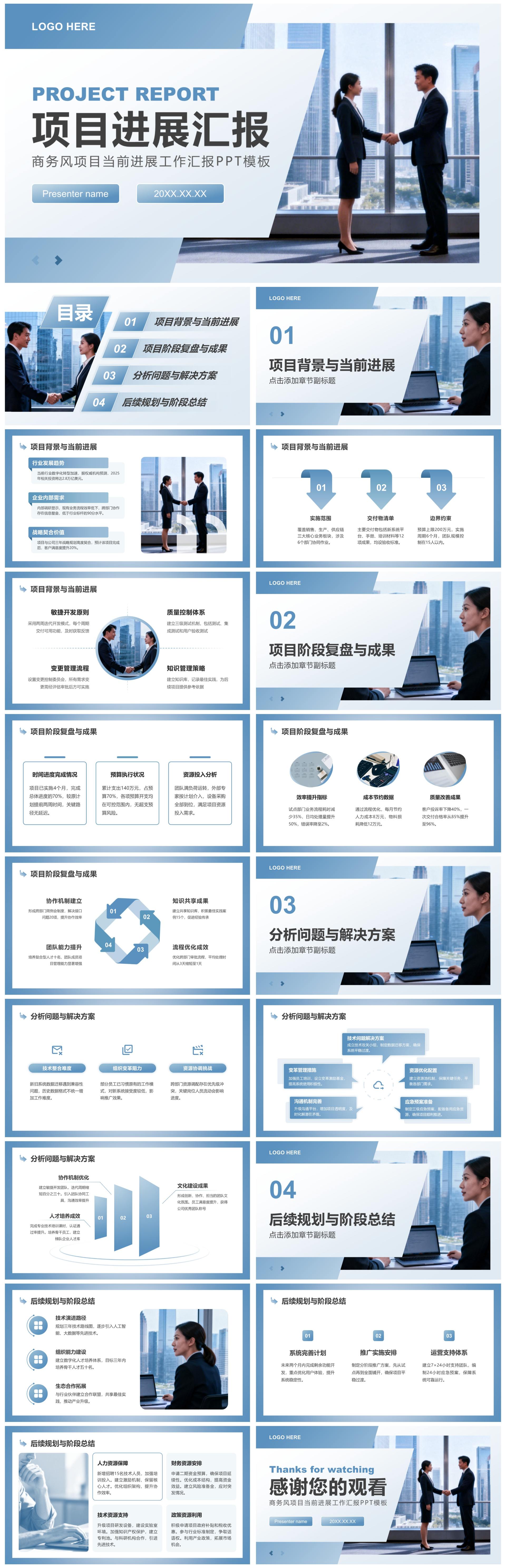 蓝灰色商务风项目进展工作汇报通用PPT模板