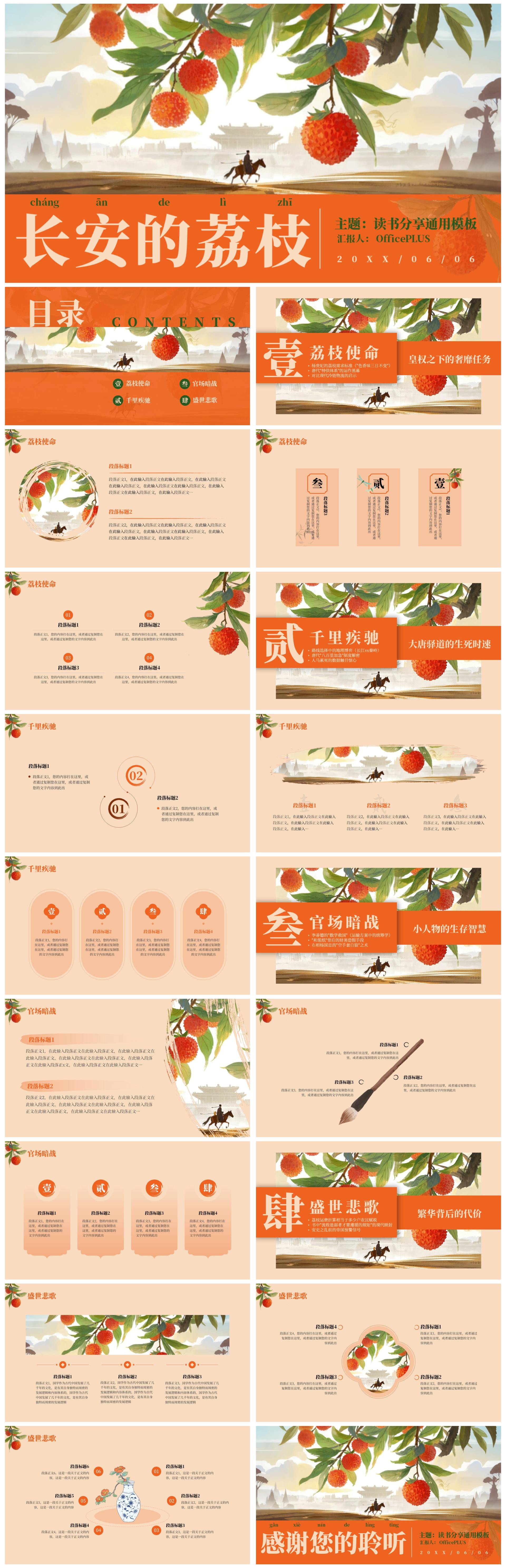 红色中国风水墨《长安的荔枝》读书分享PPT模板