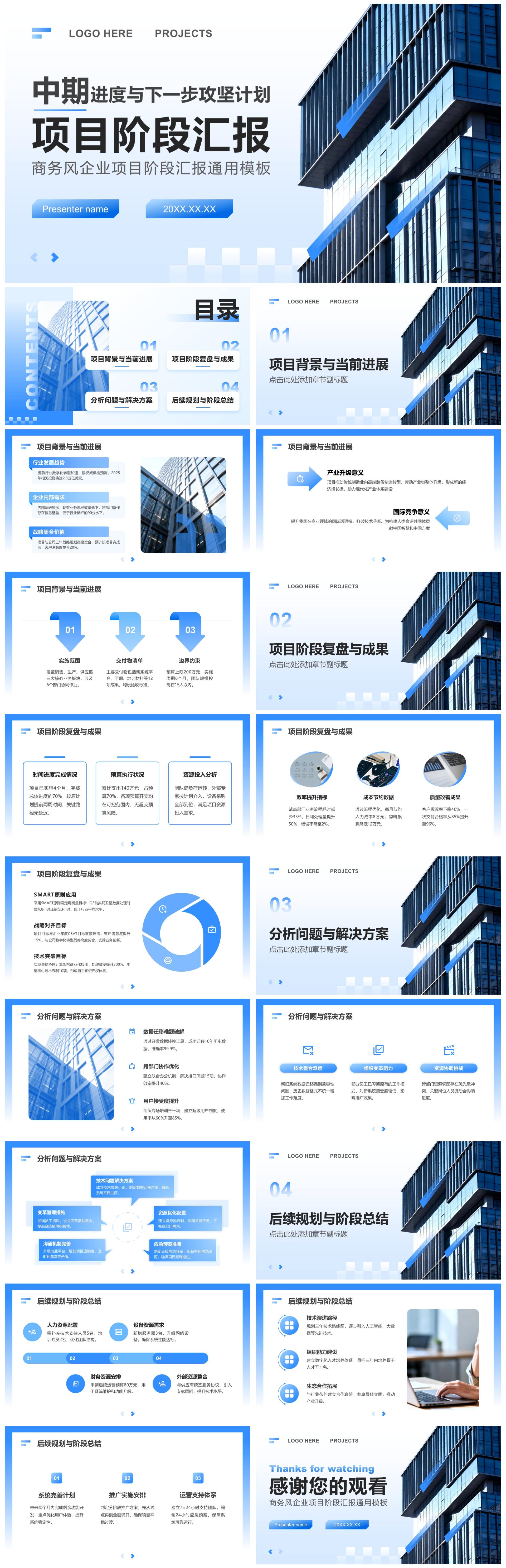 蓝色渐变商务风项目阶段汇报工作总结通用PPT模板