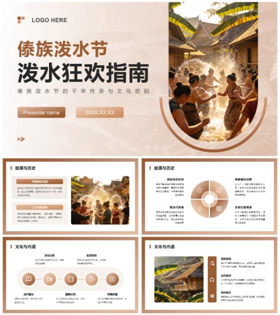 棕色实景傣族泼水节传统文化习俗介绍PPT模板