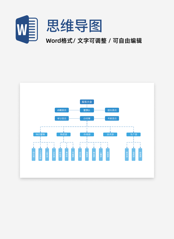 组织架构-蓝色简约圆矩竖版组织结构图word模板