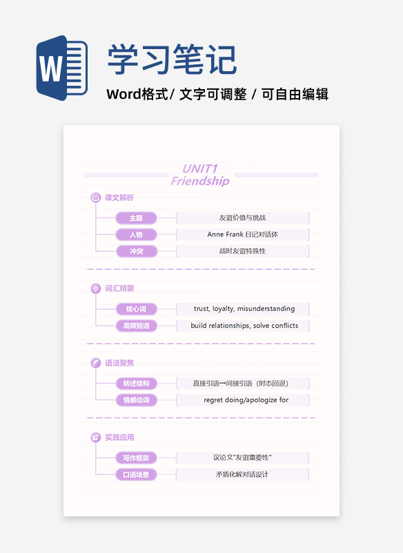 学习笔记-高中英语紫色简约竖版word模板