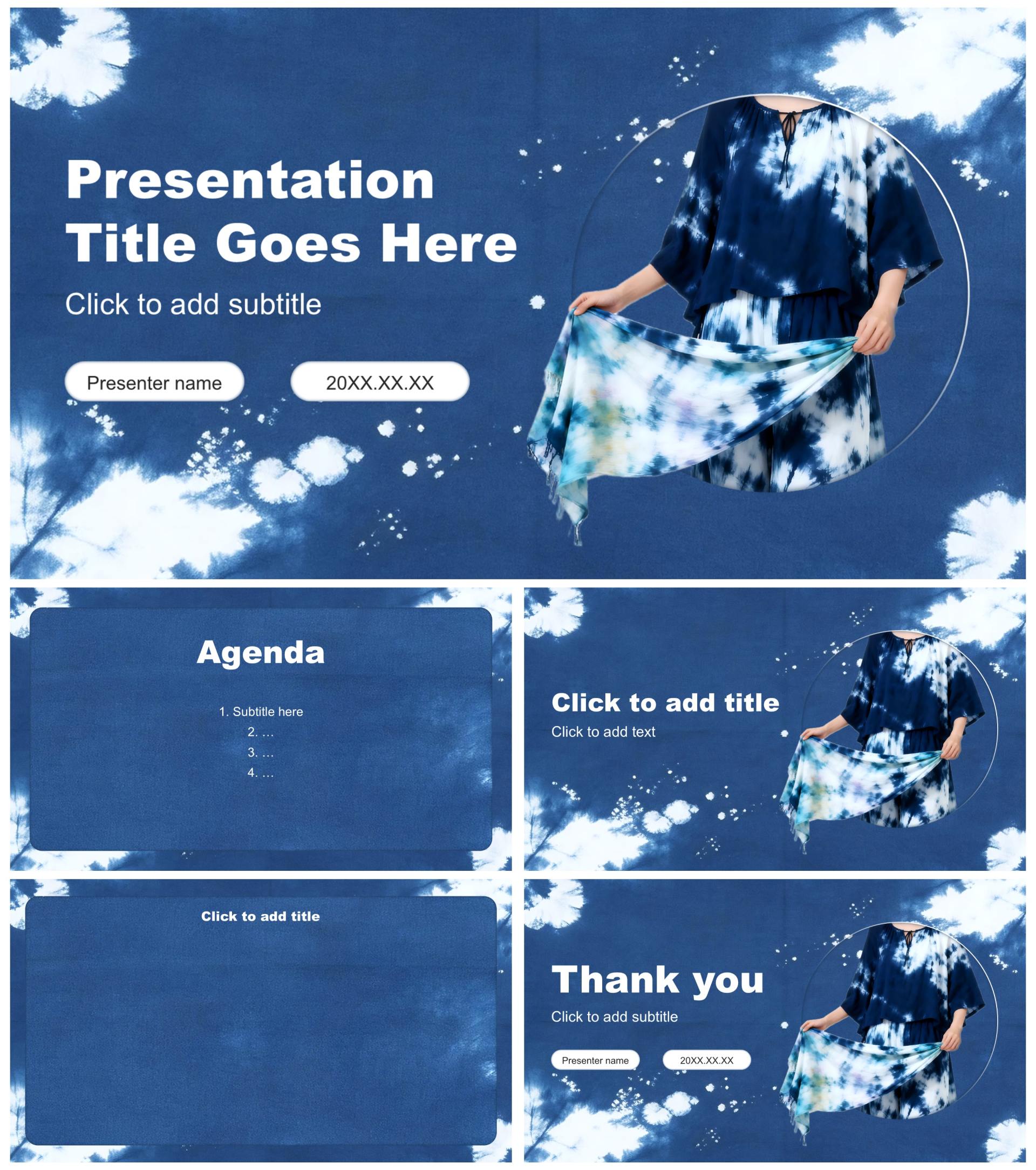 蓝白扎染实景非物质文化遗产宣传PPT主题模板