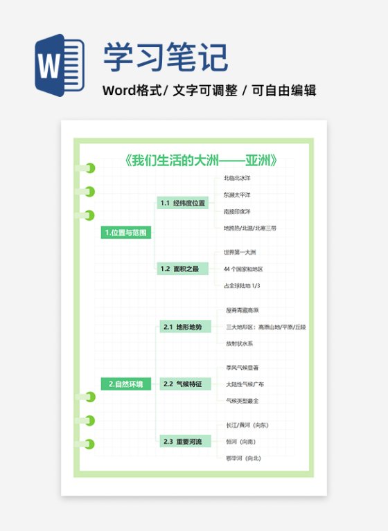 学习笔记-《我们生活的大洲-亚洲》绿色word模板