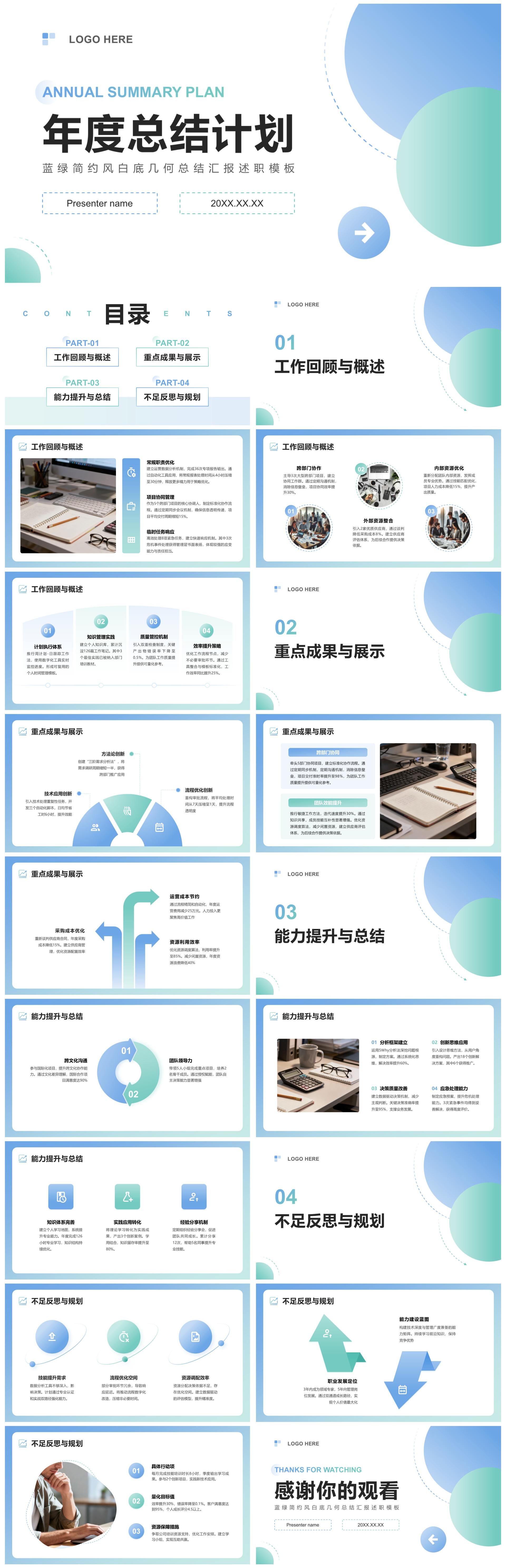 蓝绿简约风白底几何总结汇报述职PPT模板