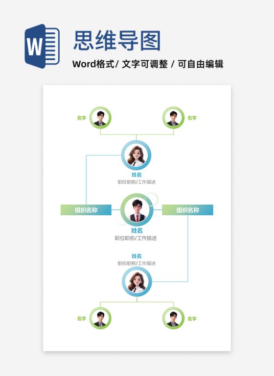 组织架构-蓝绿简约竖版风圆圈头像通用word模板