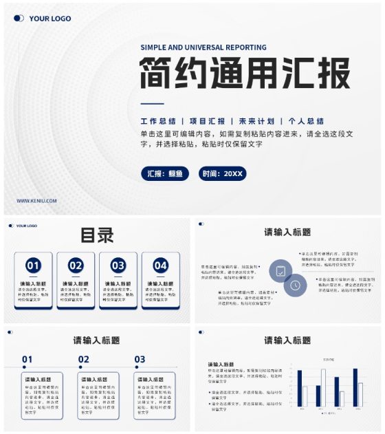 蓝色白底简约通用汇报PPT模板