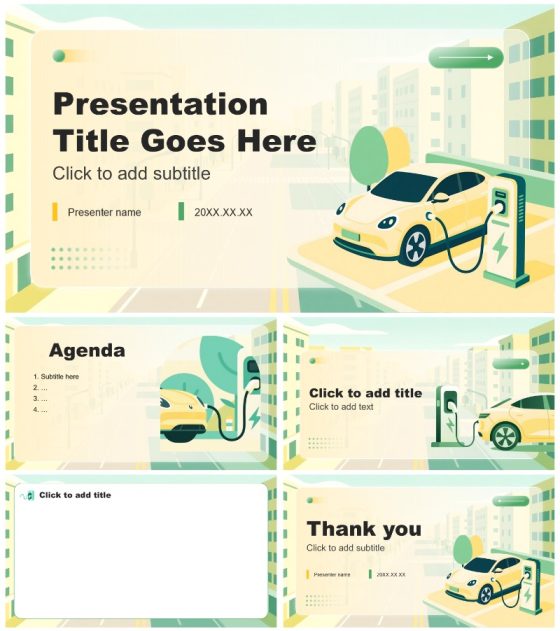黄绿色插画风新能源汽车市场调研报告PPT主题模板