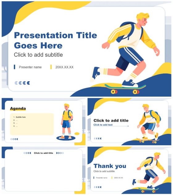 蓝黄色插画风英语自我介绍演讲PPT主题模板