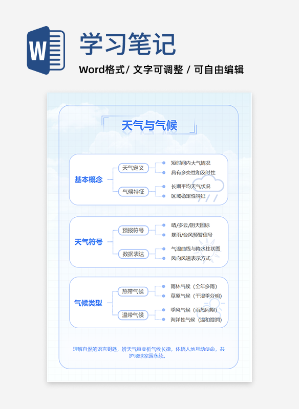 学习笔记-初中地理蓝色白云竖版word模板