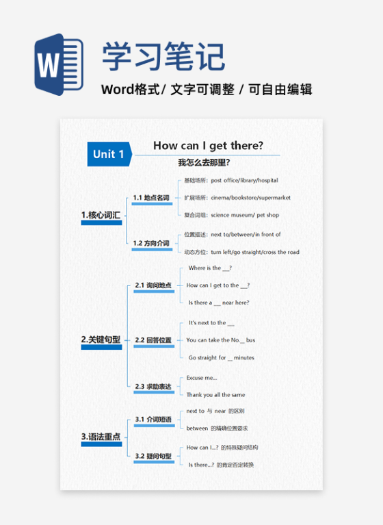 学习笔记-小学六年级上册英语蓝色word模板