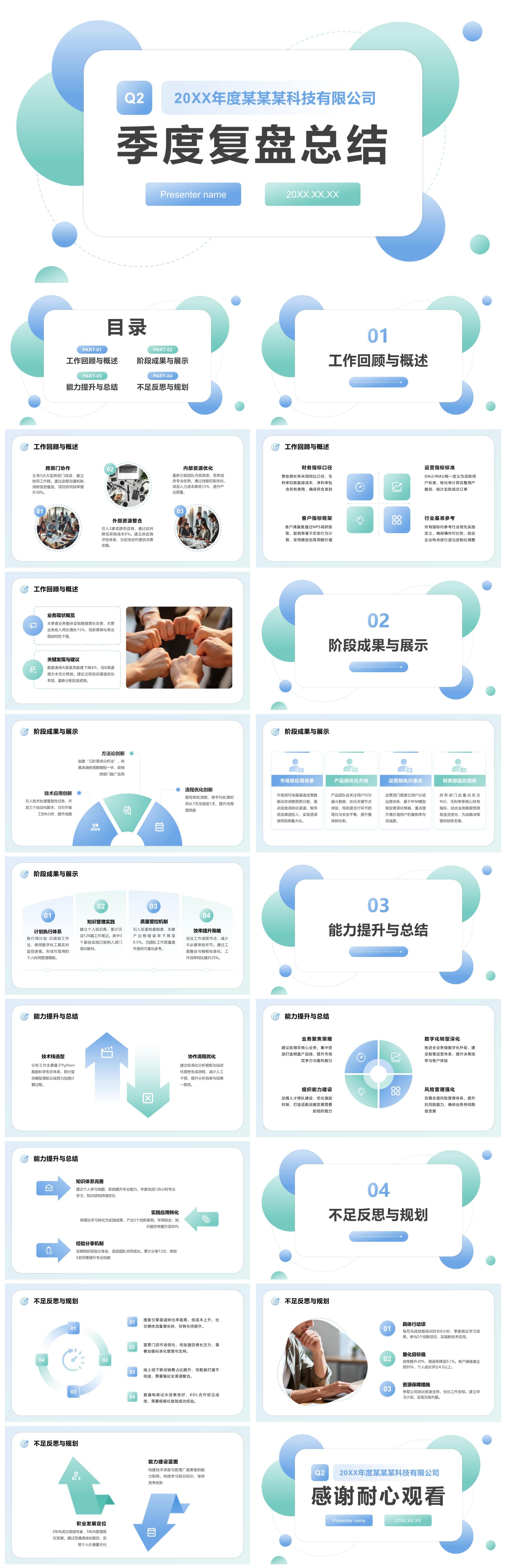 蓝绿几何简约风Q2季度复盘数据汇报PPT模板