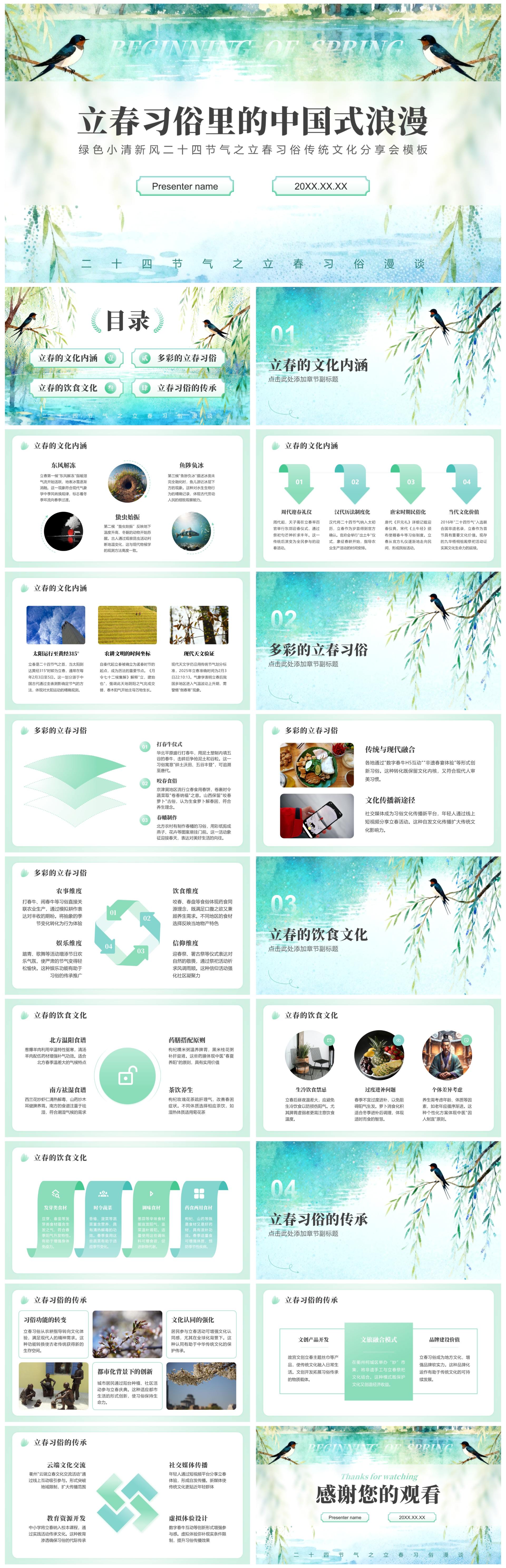 绿色小清新风立春节气传统习俗文化分享PPT模板