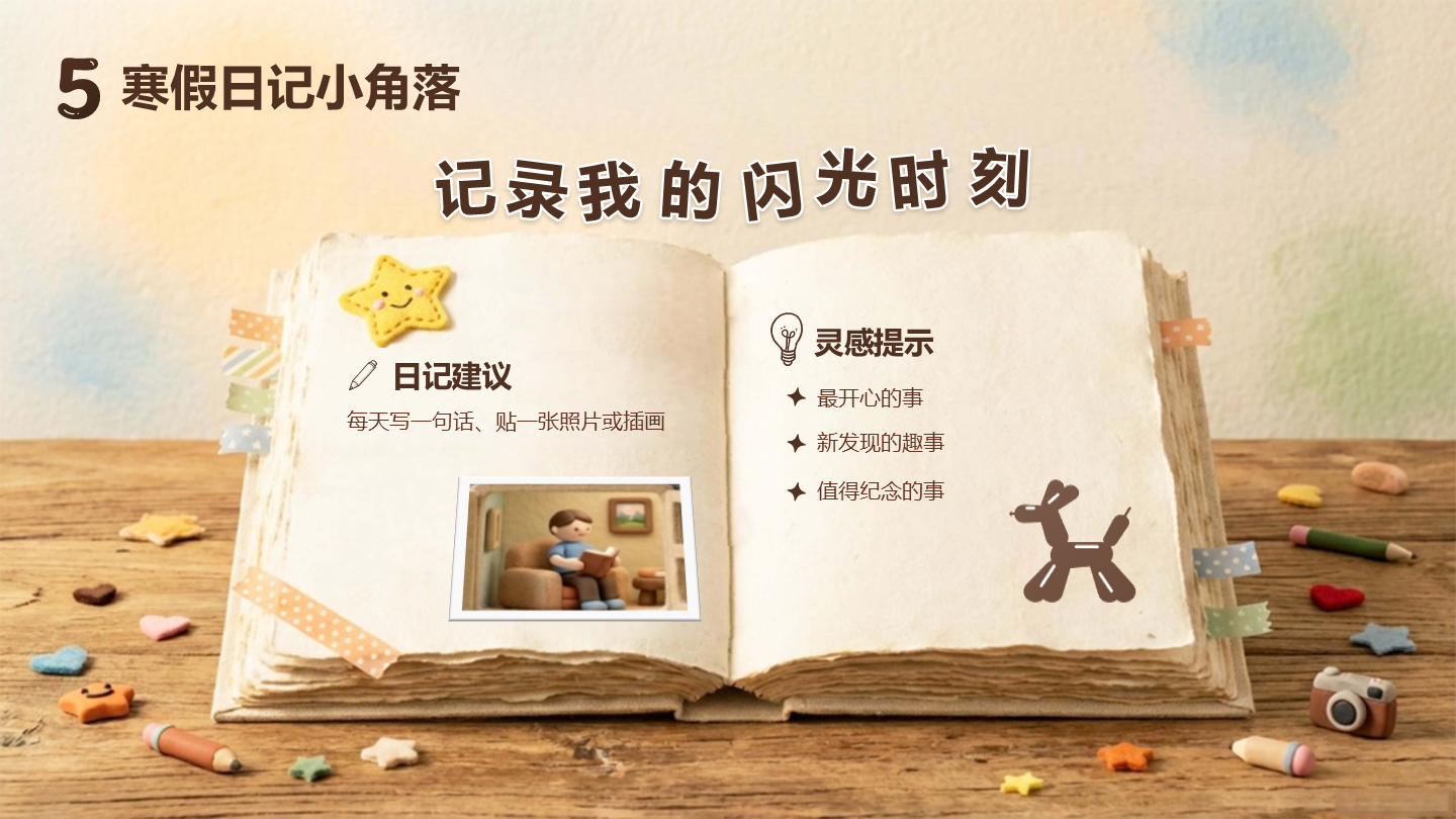 毛毡可爱童趣寒假安排班会日记记录PPT单页