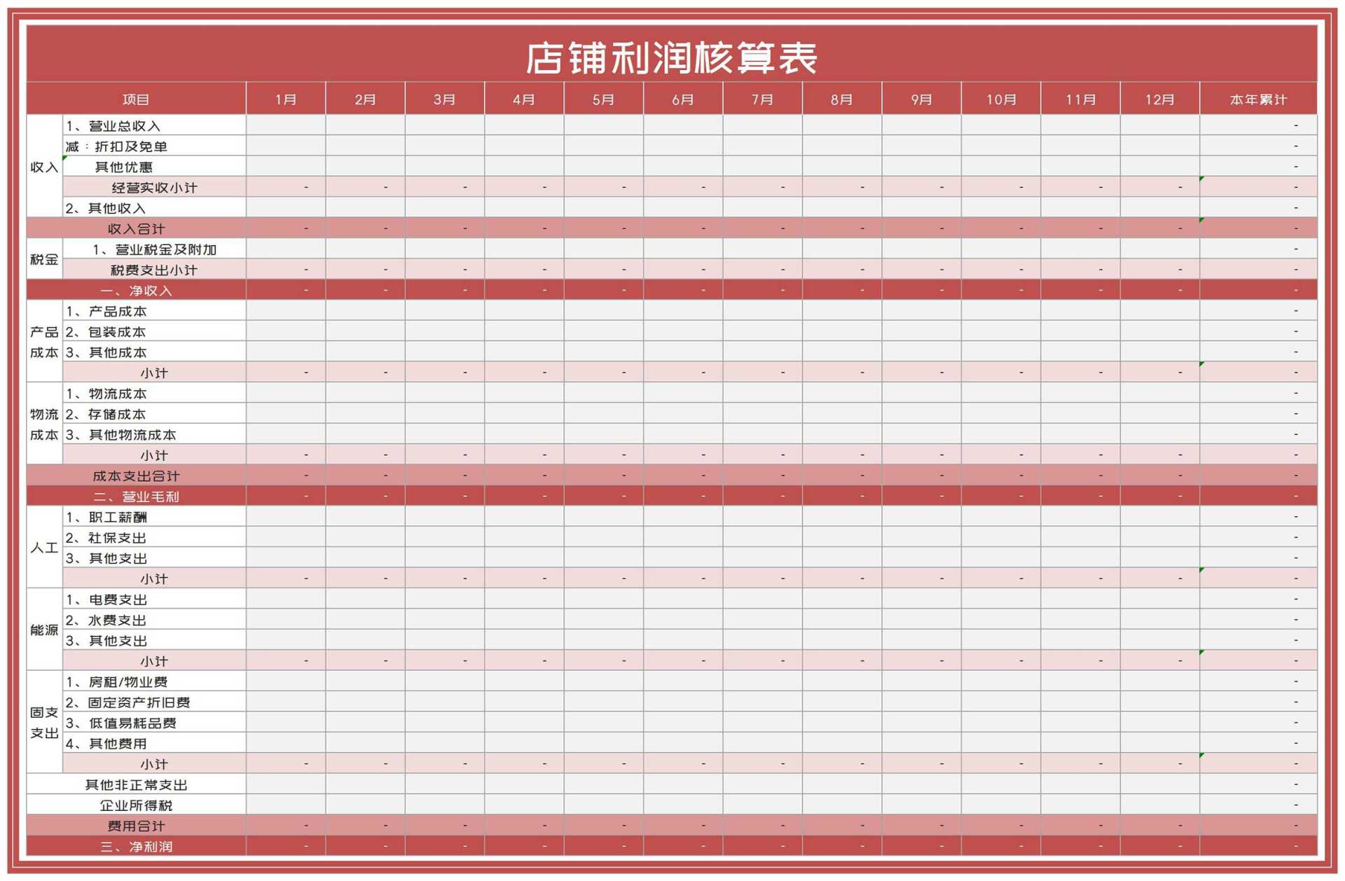 红色年度项目店铺利润核算表Excel模板