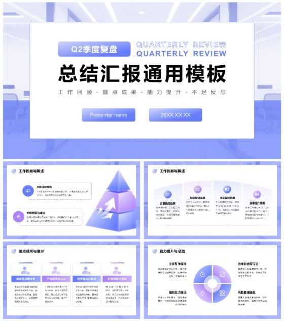 蓝紫渐变简约风季度复盘总结汇报通用PPT模板