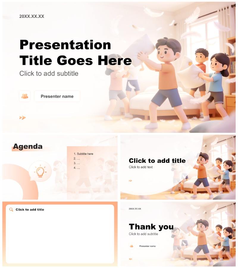橙色3D风国际枕头大战日活动策划PPT主题模板