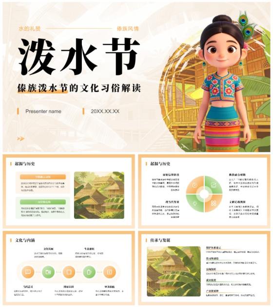橙色简约3D风傣族泼水节的文化习俗解读PPT模板