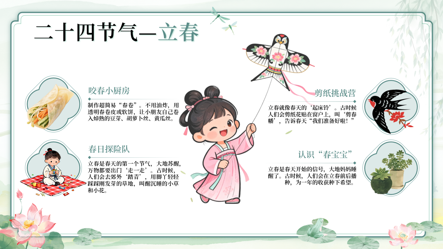 绿色中国风二十四节气之立春习俗活动正文页PPT单页
