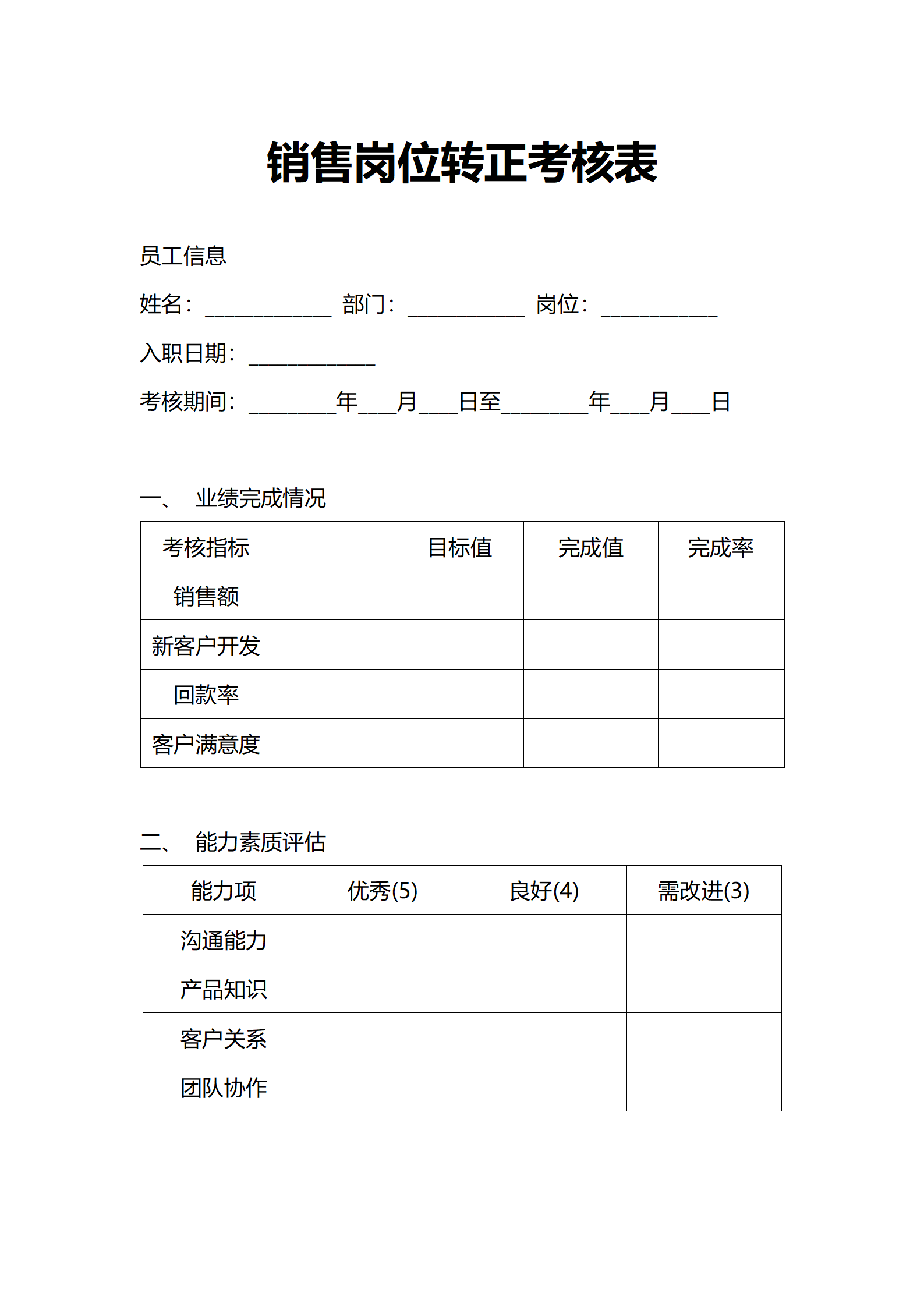 人事申请销售岗位专用转正申请表