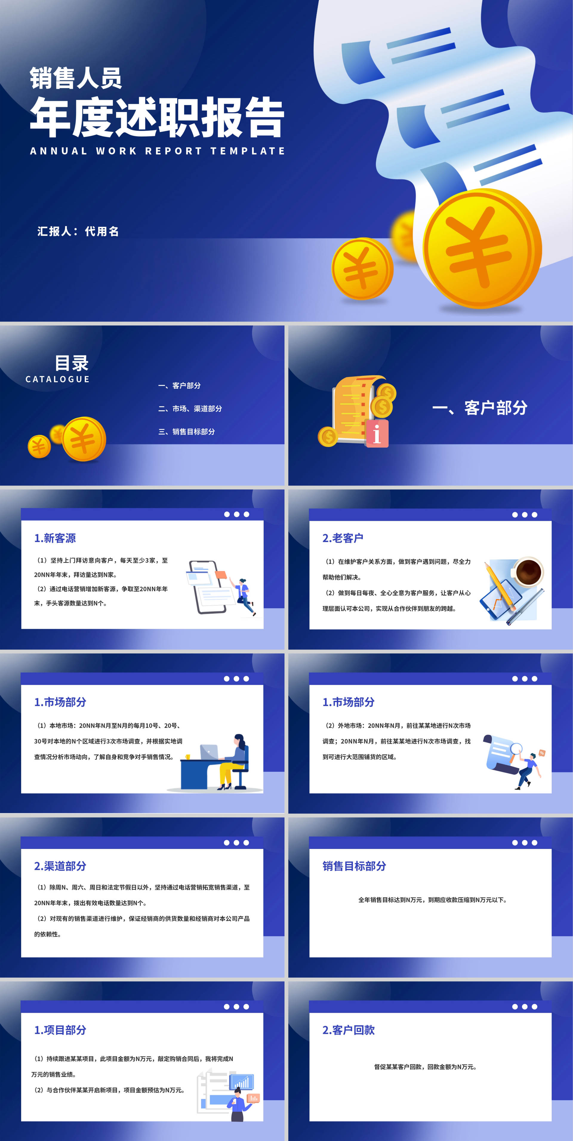 蓝色扁平风销售年度述职报告PPT模板
