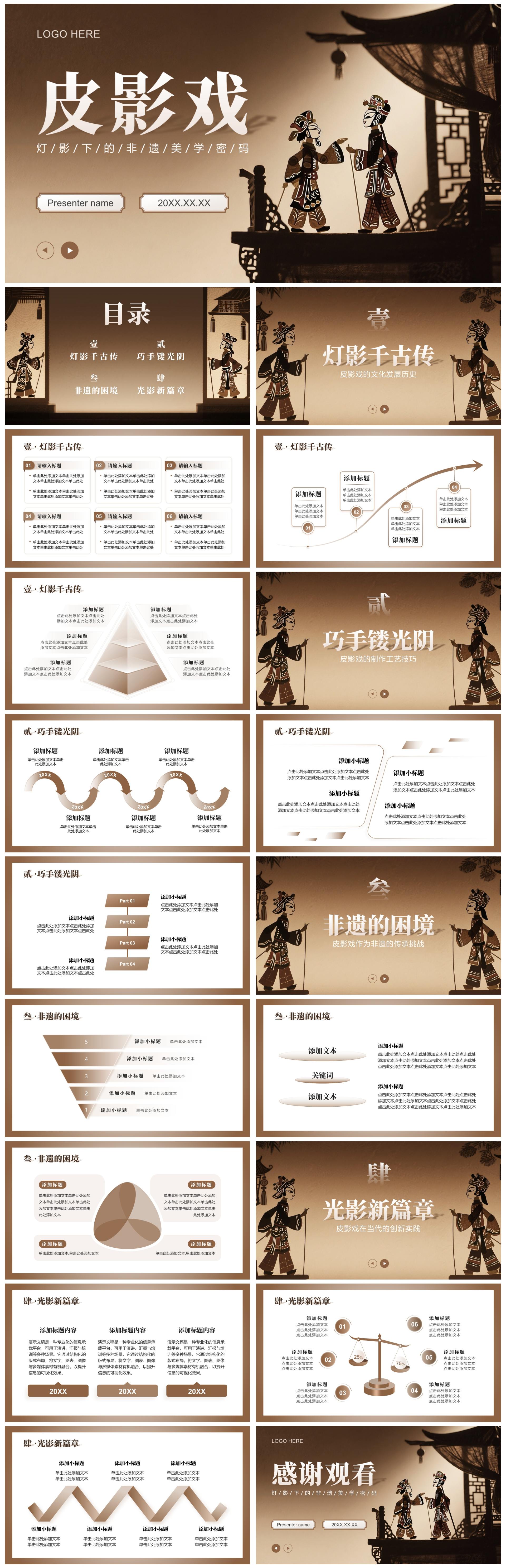 棕色复古中国风皮影戏非遗文化介绍PPT模板