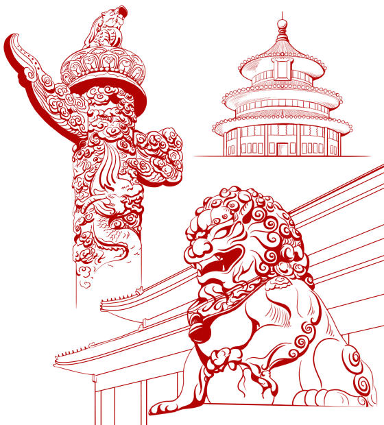手绘线条华表柱石狮子党政元素