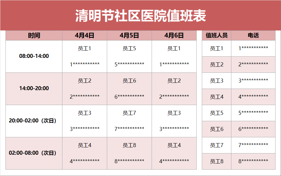清明节社区医院值班表