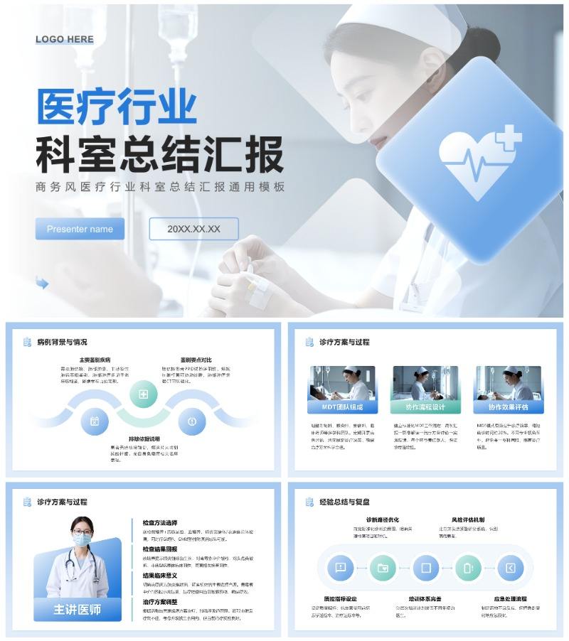 蓝绿商务风医疗行业科室总结汇报通用PPT模板