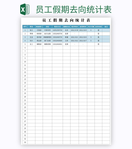 员工假期去向统计表excel模板