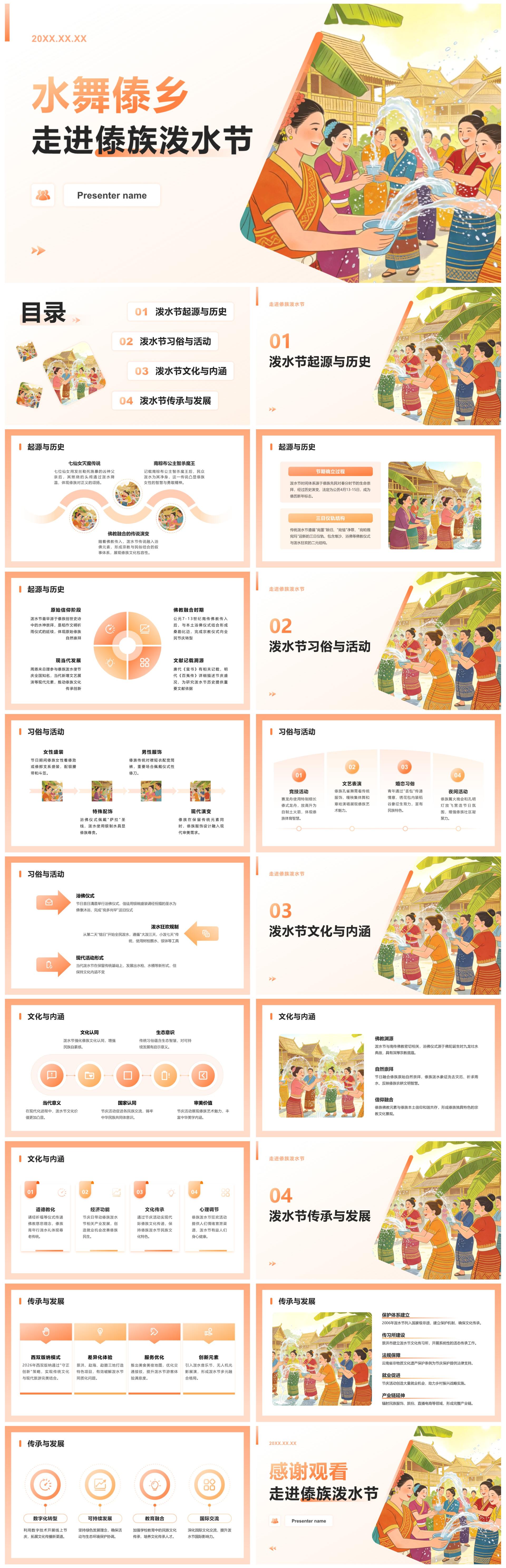 橙黄简约插画风傣族泼水节习俗文化介绍PPT模板