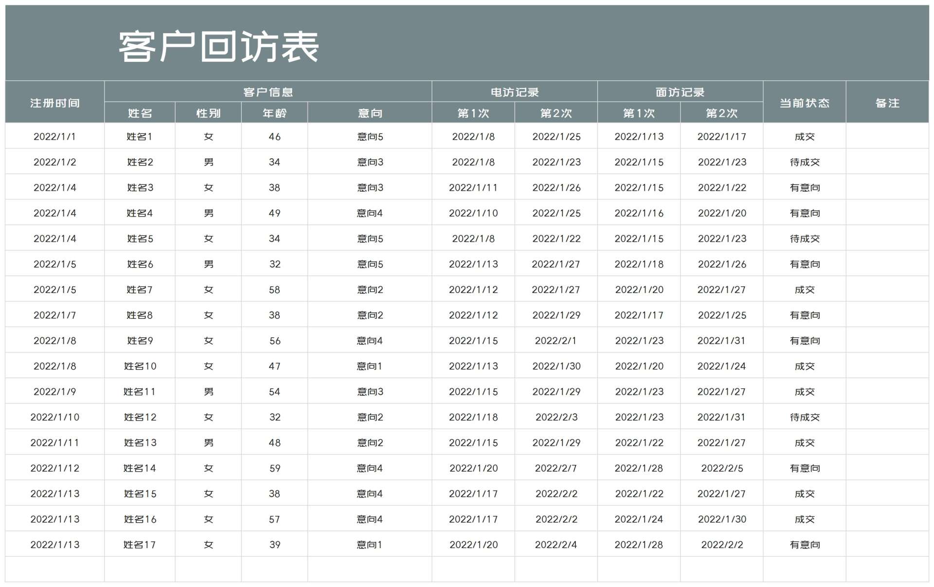 灰色客户回访表Excel模板