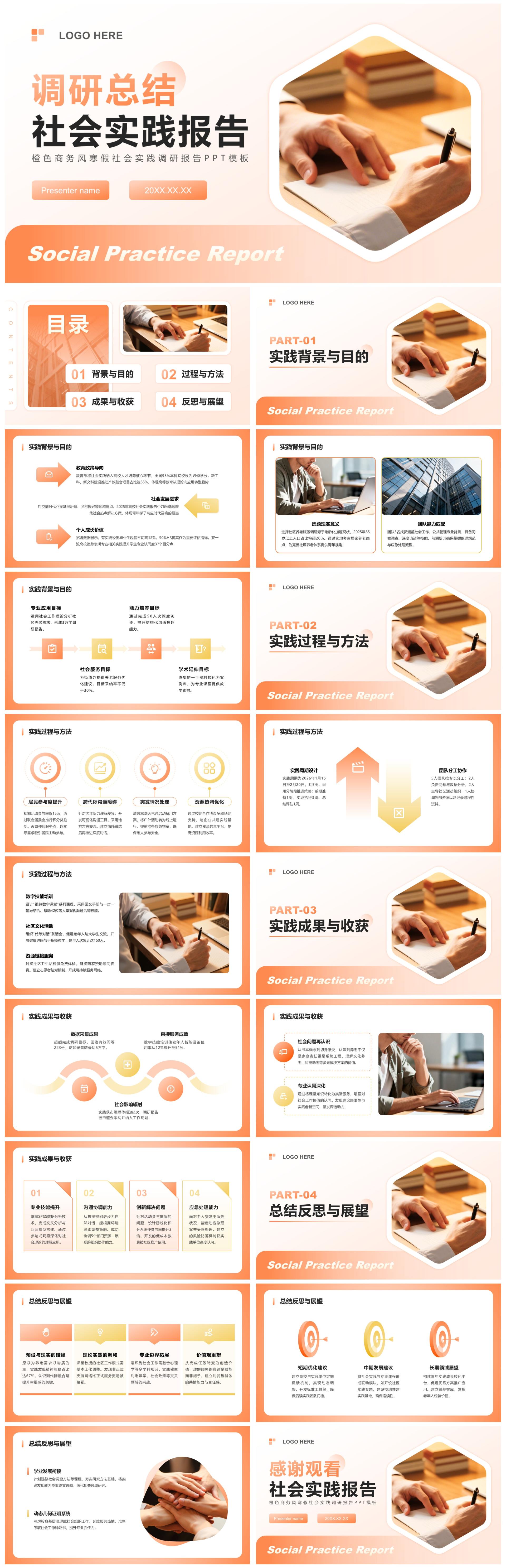 橙色商务风寒假社会实践调研报告PPT模板