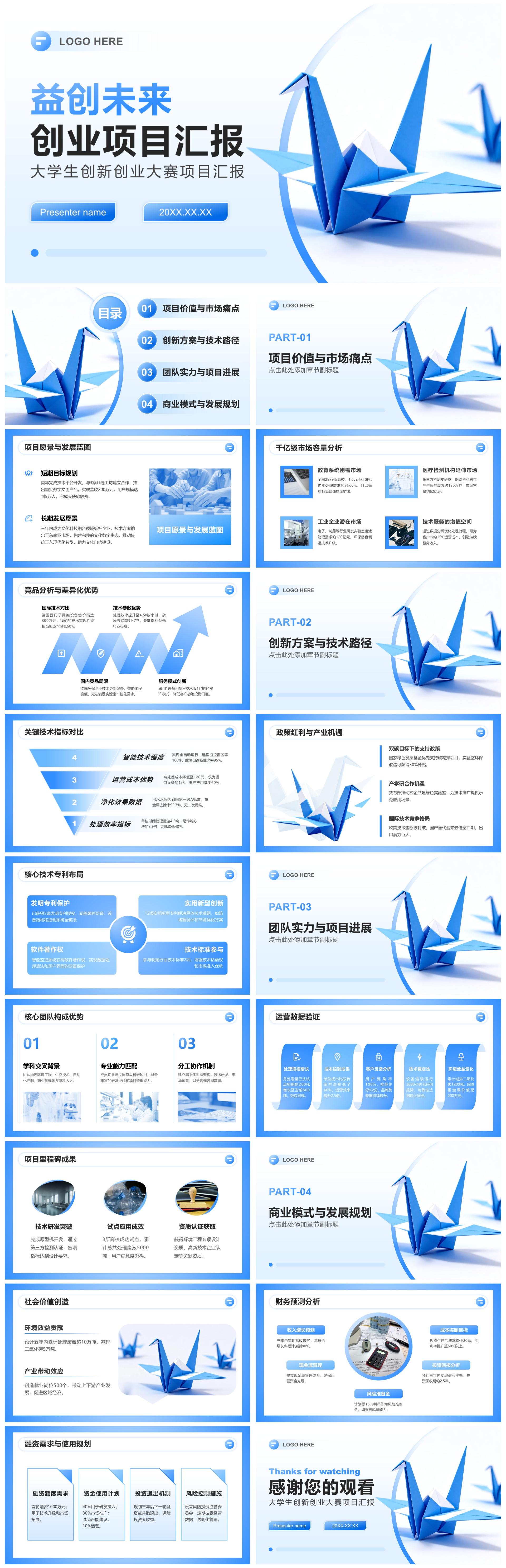 蓝色折纸简约风大学生创新创业大赛项目汇报PPT模板