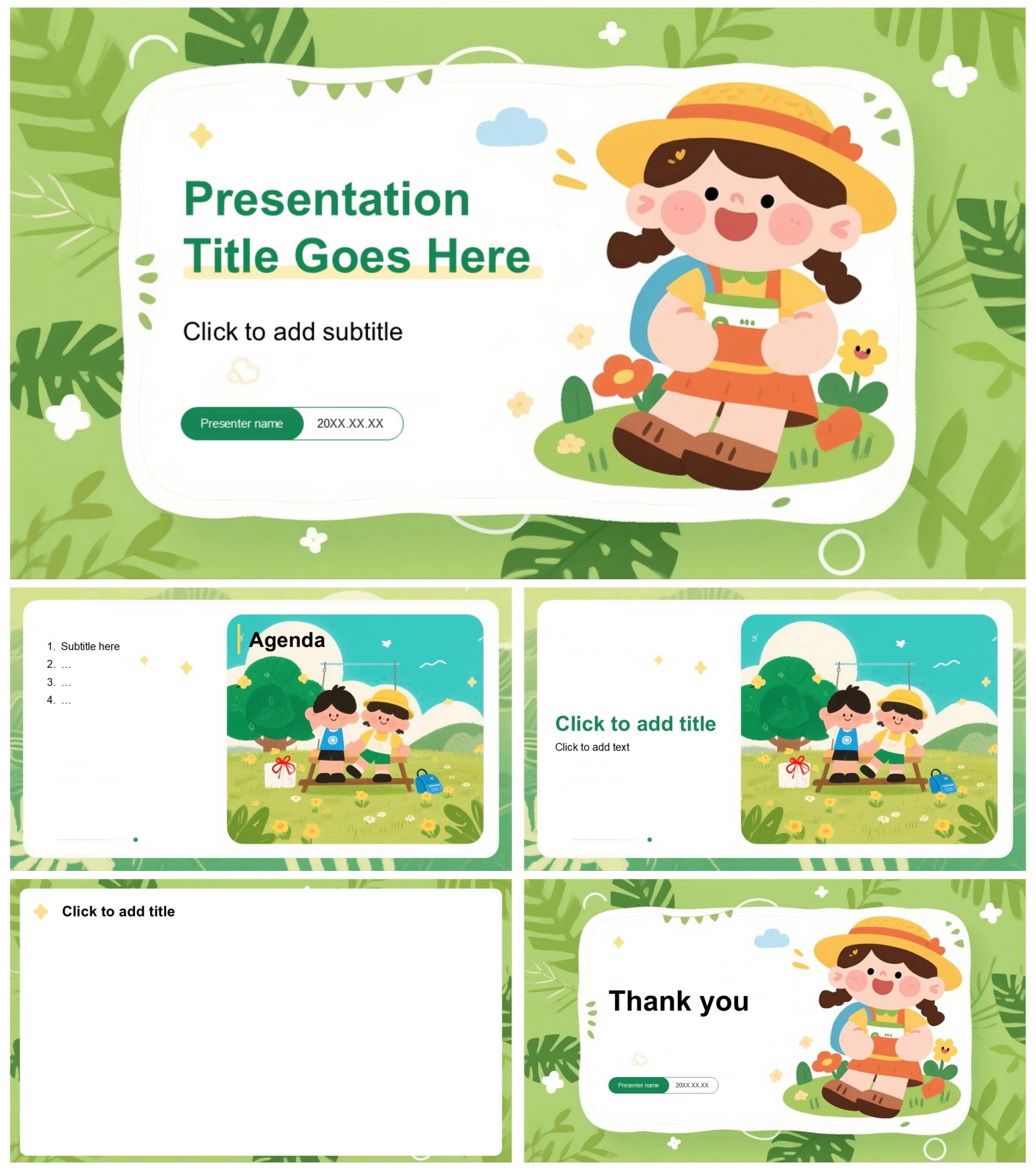 绿色可爱卡通手绘插画风小学生我的暑假生活主题模板