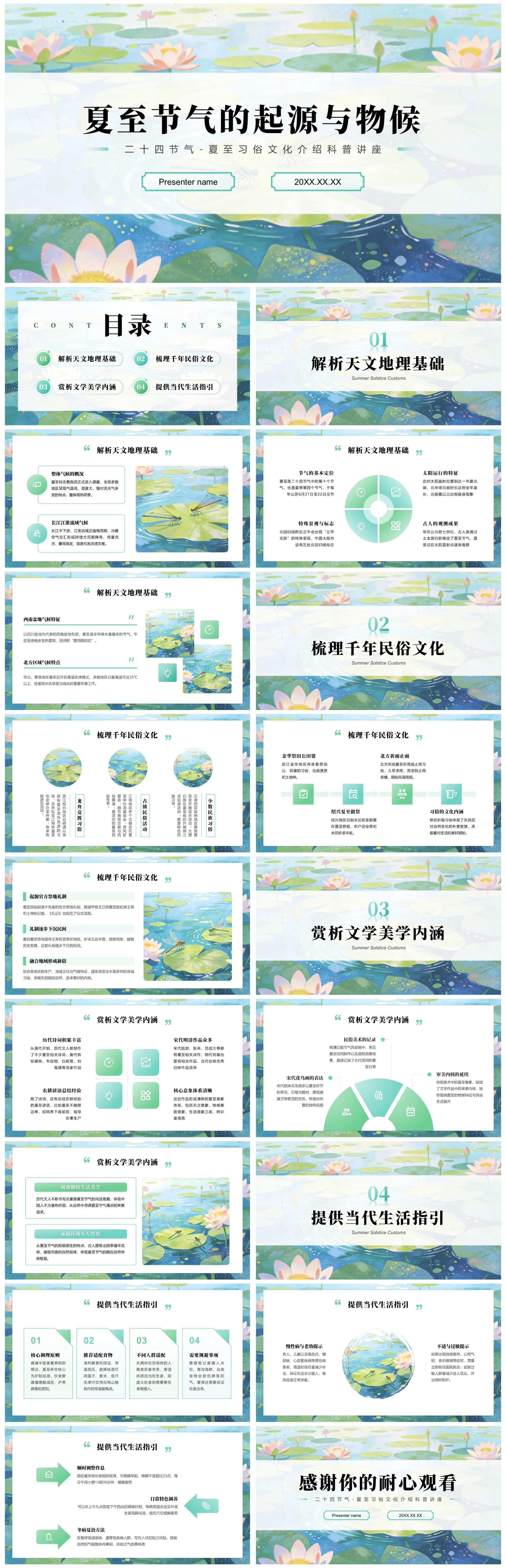 蓝绿小清新风二十四节气夏至习俗科普介绍PPT模板